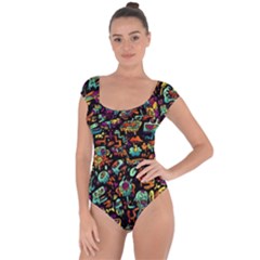 Multicolored Doodle Abstract Colorful Multi Colored Short Sleeve Leotard 