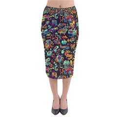 Multicolored Doodle Abstract Colorful Multi Colored Velvet Midi Pencil Skirt