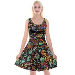 Multicolored Doodle Abstract Colorful Multi Colored Reversible Velvet Sleeveless Dress