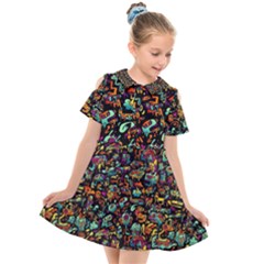 Multicolored Doodle Abstract Colorful Multi Colored Kids  Short Sleeve Shirt Dress by Grandong