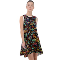 Multicolored Doodle Abstract Colorful Multi Colored Frill Swing Dress