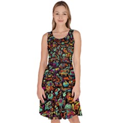 Multicolored Doodle Abstract Colorful Multi Colored Knee Length Skater Dress With Pockets