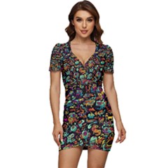 Multicolored Doodle Abstract Colorful Multi Colored Low Cut Cap Sleeve Mini Dress by Grandong