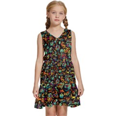 Multicolored Doodle Abstract Colorful Multi Colored Kids  Sleeveless Tiered Mini Dress