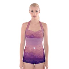 Aesthetic Pixel Art Landscape Boyleg Halter Swimsuit 