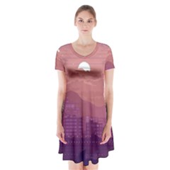 Aesthetic Pixel Art Landscape Short Sleeve V-neck Flare Dress