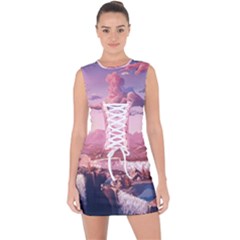 Aesthetic Landscape Vintage Cartoon Lace Up Front Bodycon Dress