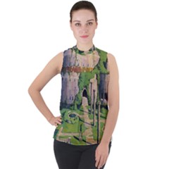 Painting Scenery Mock Neck Chiffon Sleeveless Top