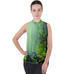 Trees Forest Artwork Nature Beautiful Landscape Mock Neck Chiffon Sleeveless Top by Sarkoni