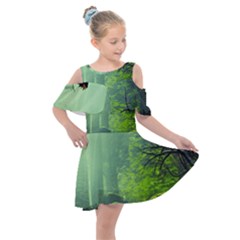 Trees Forest Artwork Nature Beautiful Landscape Kids  Shoulder Cutout Chiffon Dress by Sarkoni