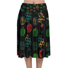 Apples Honey Honeycombs Pattern Velvet Flared Midi Skirt by Sarkoni