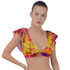 Abstract Design Calorful Plunge Frill Sleeve Bikini Top