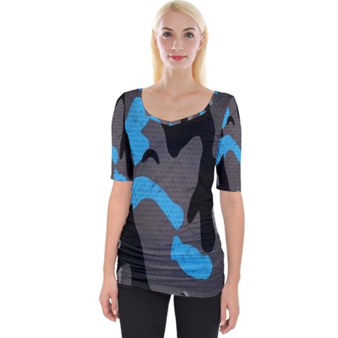 Blue, Abstract, Black, Desenho, Grey Shapes, Texture Wide Neckline T-shirt by nateshop