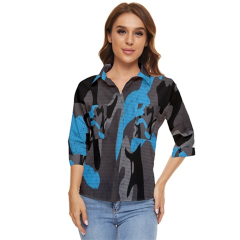 Blue, Abstract, Black, Desenho, Grey Shapes, Texture Women s Quarter Sleeve Pocket Shirt by nateshop