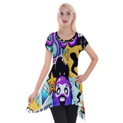 Cartoon Graffiti, Art, Black, Colorful, Wallpaper Short Sleeve Side Drop Tunic by nateshop