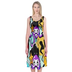 Cartoon Graffiti, Art, Black, Colorful, Wallpaper Midi Sleeveless Dress by nateshop