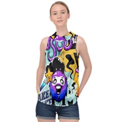 Cartoon Graffiti, Art, Black, Colorful, Wallpaper High Neck Satin Top by nateshop