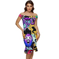 Cartoon Graffiti, Art, Black, Colorful, Wallpaper Off Shoulder Ruffle Split Hem Bodycon Dress by nateshop