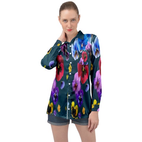 Falling Flowers, Art, Coffee Cup, Colorful, Creative, Cup Long Sleeve Satin Shirt by nateshop