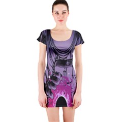 Fingerprint Astro, Amoled, Astronaut, Black, Dark, Oled Short Sleeve Bodycon Dress