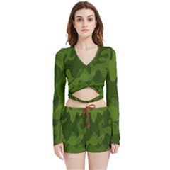 Green Camouflage, Camouflage Backgrounds, Green Fabric Velvet Wrap Crop Top And Shorts Set by nateshop