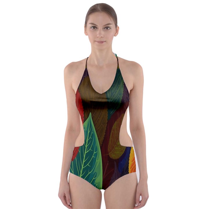 Leaves, Colorful, Desenho, Falling, Cut-Out One Piece Swimsuit