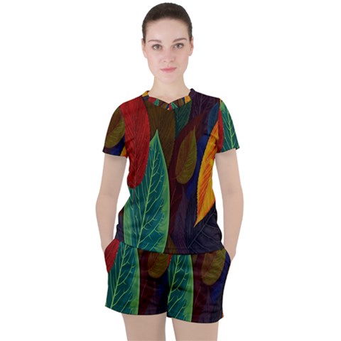 Leaves, Colorful, Desenho, Falling, Women s T-shirt And Shorts Set by nateshop