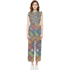 Mandala Pattern Abstract , Mandala, Pattern, Abstract Women s Frill Top Chiffon Jumpsuit