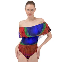 Peacock-feathers,blue 1 Off Shoulder Velour Bodysuit 