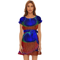 Peacock-feathers,blue 1 Puff Sleeve Frill Dress by nateshop