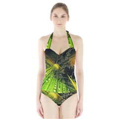 Machine Technology Circuit Electronic Computer Technics Detail Psychedelic Abstract Pattern Halter Swimsuit