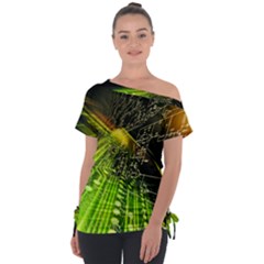 Machine Technology Circuit Electronic Computer Technics Detail Psychedelic Abstract Pattern Off Shoulder Tie-Up T-Shirt