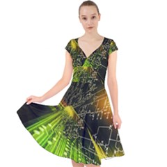 Machine Technology Circuit Electronic Computer Technics Detail Psychedelic Abstract Pattern Cap Sleeve Front Wrap Midi Dress
