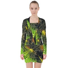 Machine Technology Circuit Electronic Computer Technics Detail Psychedelic Abstract Pattern V-neck Bodycon Long Sleeve Dress