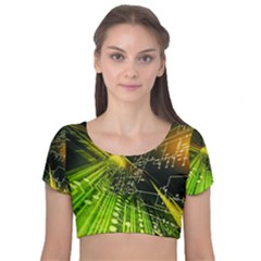 Machine Technology Circuit Electronic Computer Technics Detail Psychedelic Abstract Pattern Velvet Short Sleeve Crop Top 