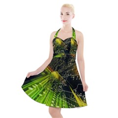 Machine Technology Circuit Electronic Computer Technics Detail Psychedelic Abstract Pattern Halter Party Swing Dress 