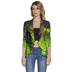 Machine Technology Circuit Electronic Computer Technics Detail Psychedelic Abstract Pattern Women s 3/4 Sleeve Ruffle Edge Open Front Jacket