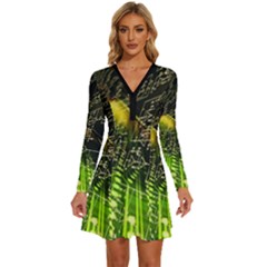 Machine Technology Circuit Electronic Computer Technics Detail Psychedelic Abstract Pattern Long Sleeve Deep V Mini Dress 