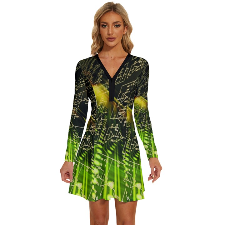 Machine Technology Circuit Electronic Computer Technics Detail Psychedelic Abstract Pattern Long Sleeve Deep V Mini Dress 