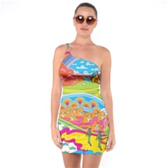 Vintage 1960s Psychedelic One Shoulder Ring Trim Bodycon Dress