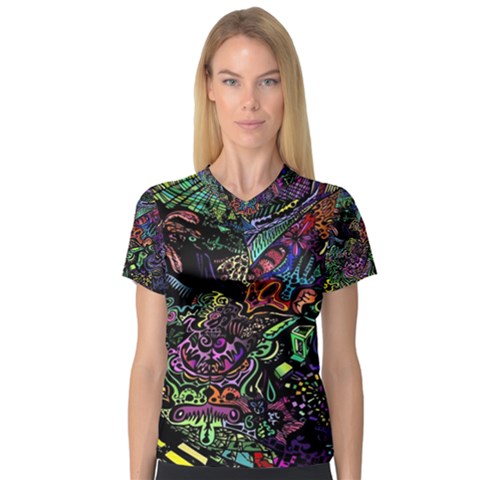 Trippy Dark Psychedelic V-neck Sport Mesh T-shirt by Sarkoni