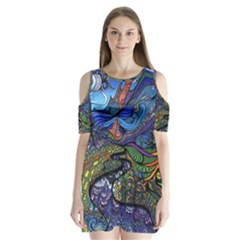 Psychedelic Landscape Shoulder Cutout Velvet One Piece