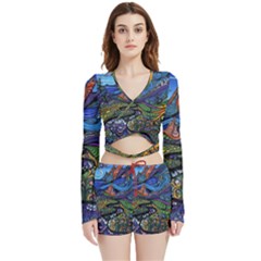 Psychedelic Landscape Velvet Wrap Crop Top and Shorts Set