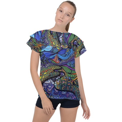 Psychedelic Landscape Ruffle Collar Chiffon Blouse by Sarkoni