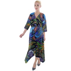 Psychedelic Landscape Quarter Sleeve Wrap Front Maxi Dress