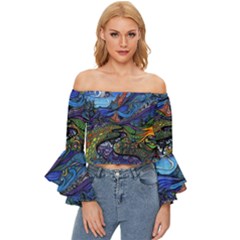 Psychedelic Landscape Off Shoulder Flutter Bell Sleeve Top