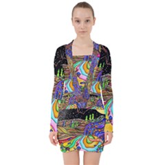 Nature Moon Psychedelic Painting V-neck Bodycon Long Sleeve Dress