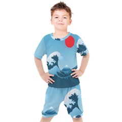 Minimalism Great Wave Off Kanagawa Kids  T-shirt And Shorts Set by Sarkoni