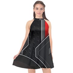 Gamer Tech Black Mesh Red Modern Shape Texture Geometric Pattern Halter Neckline Chiffon Dress 
