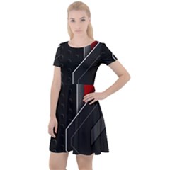 Gamer Tech Black Mesh Red Modern Shape Texture Geometric Pattern Cap Sleeve Velour Dress 